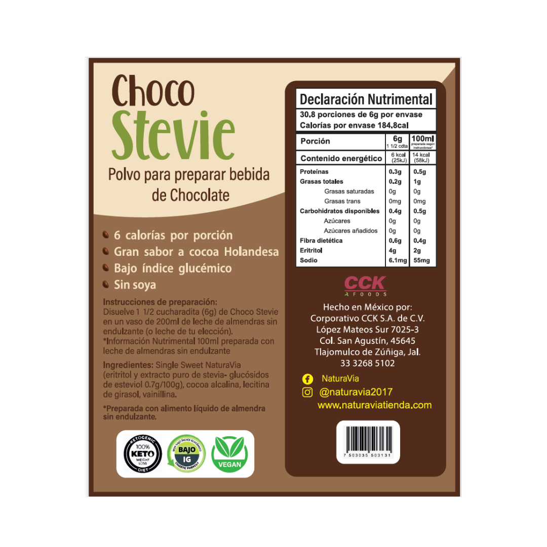 ChocoStevie - Polvo para preparar bebida de Chocolate sin azúcar