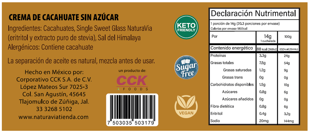 Crema de Cacahuate NaturaVia - SIN AZÚCAR